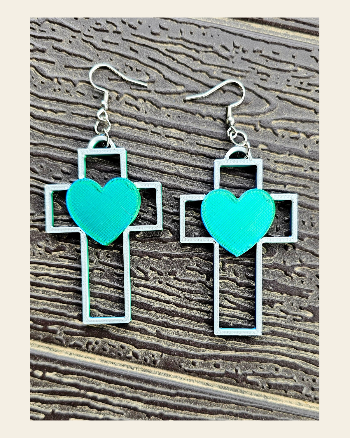 3D Print Christian Cross Faith Earrings Made in America on a warm cream background