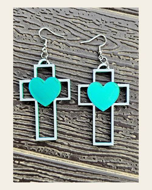 3D Print Christian Cross Faith Earrings Made in America on a warm cream background