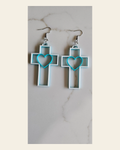 3D Print Christian Cross Faith Earrings Made in America on a warm cream background