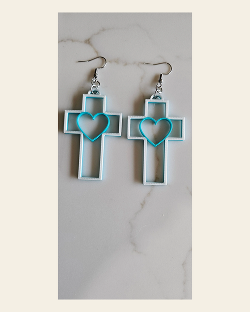 3D Print Christian Cross Faith Earrings Made in America on a warm cream background