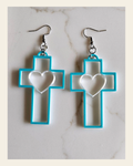 3D Print Christian Cross Faith Earrings Made in America on a warm cream background