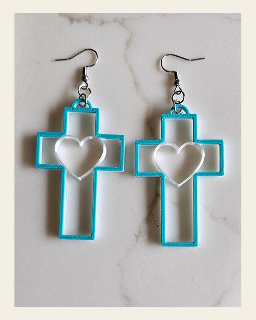 3D Print Christian Cross Faith Earrings Made in America on a warm cream background