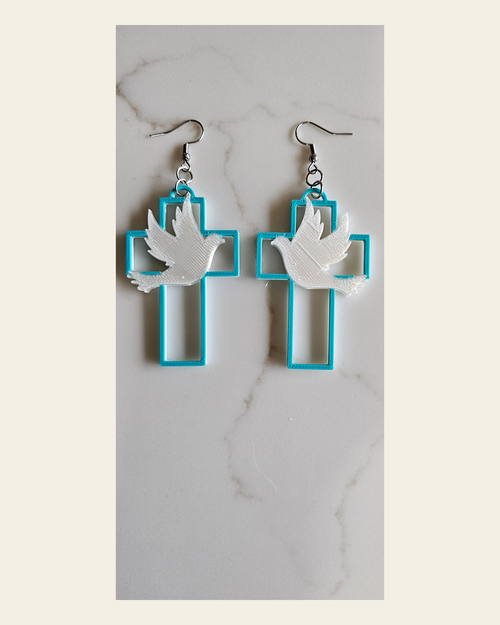 3D Print Christian Cross Faith Earrings Made in America on a warm cream background