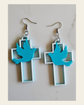 3D Print Christian Cross Faith Earrings Made in America on a warm cream background