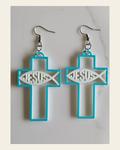 3D Print Christian Cross Faith Earrings Made in America on a warm cream background