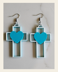 3D Print Christian Cross Faith Earrings Made in America on a warm cream background