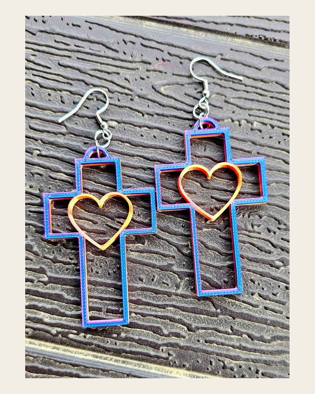3D Print Christian Cross Faith Earrings Made in America on a warm cream background