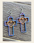 3D Print Christian Cross Faith Earrings Made in America on a warm cream background