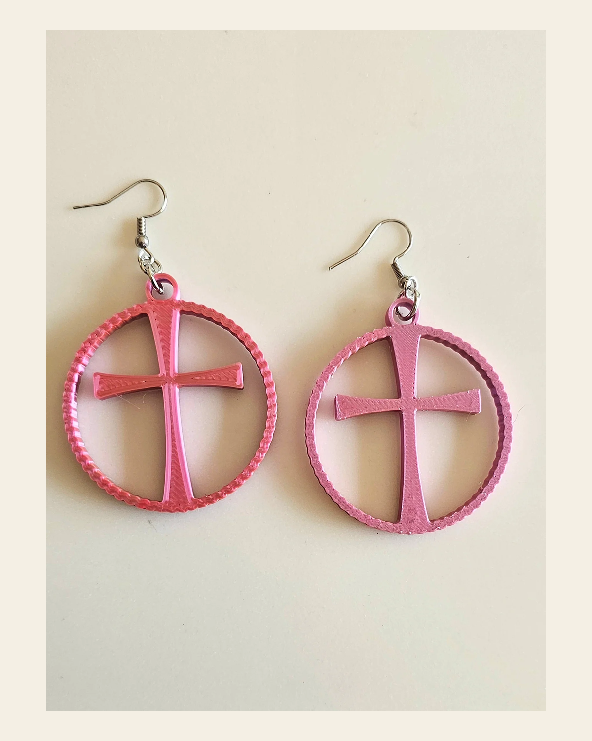 3D Print Christian Cross Faith Earrings Made in America on a warm cream background