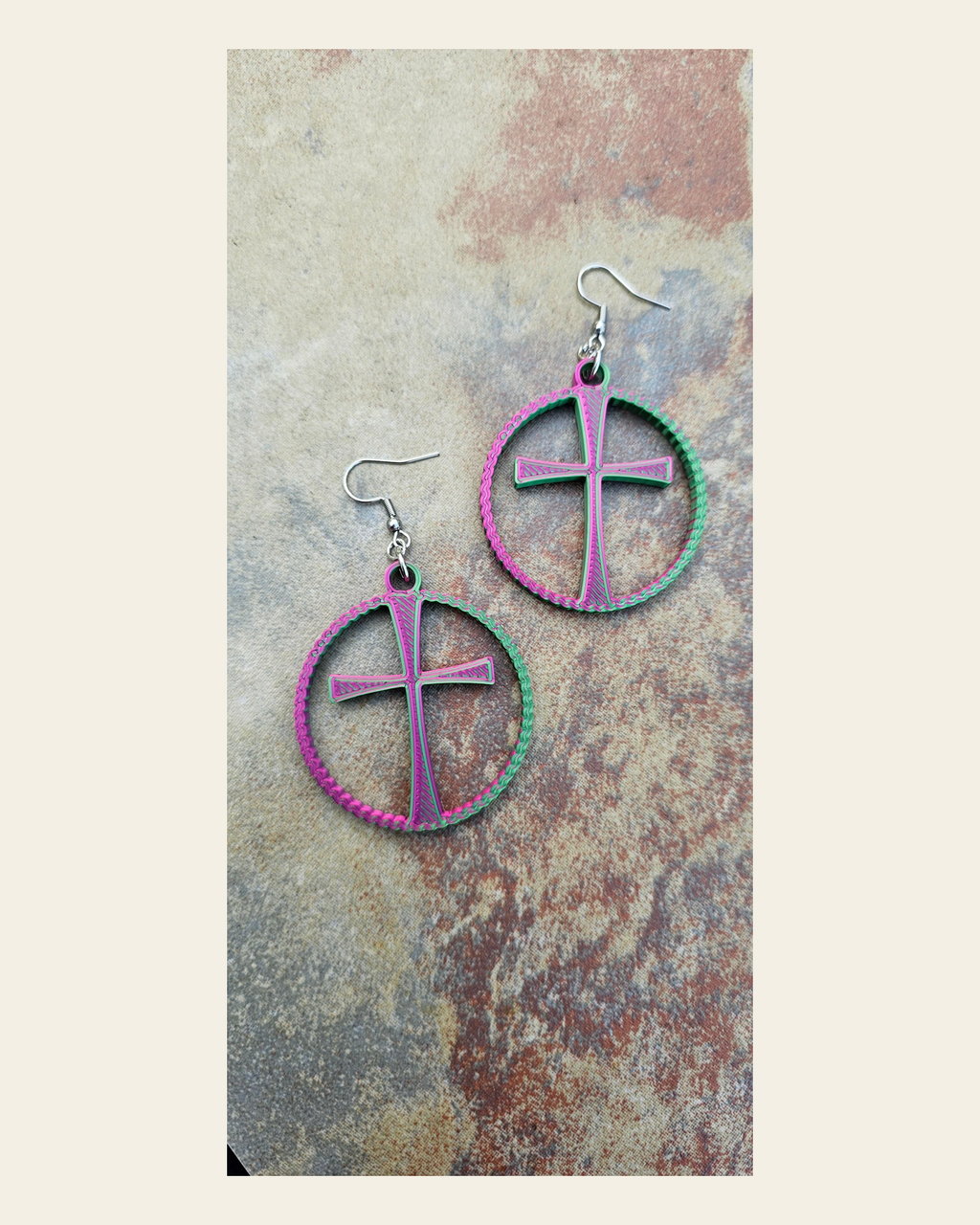 3D Print Christian Cross Faith Earrings Made in America on a warm cream background