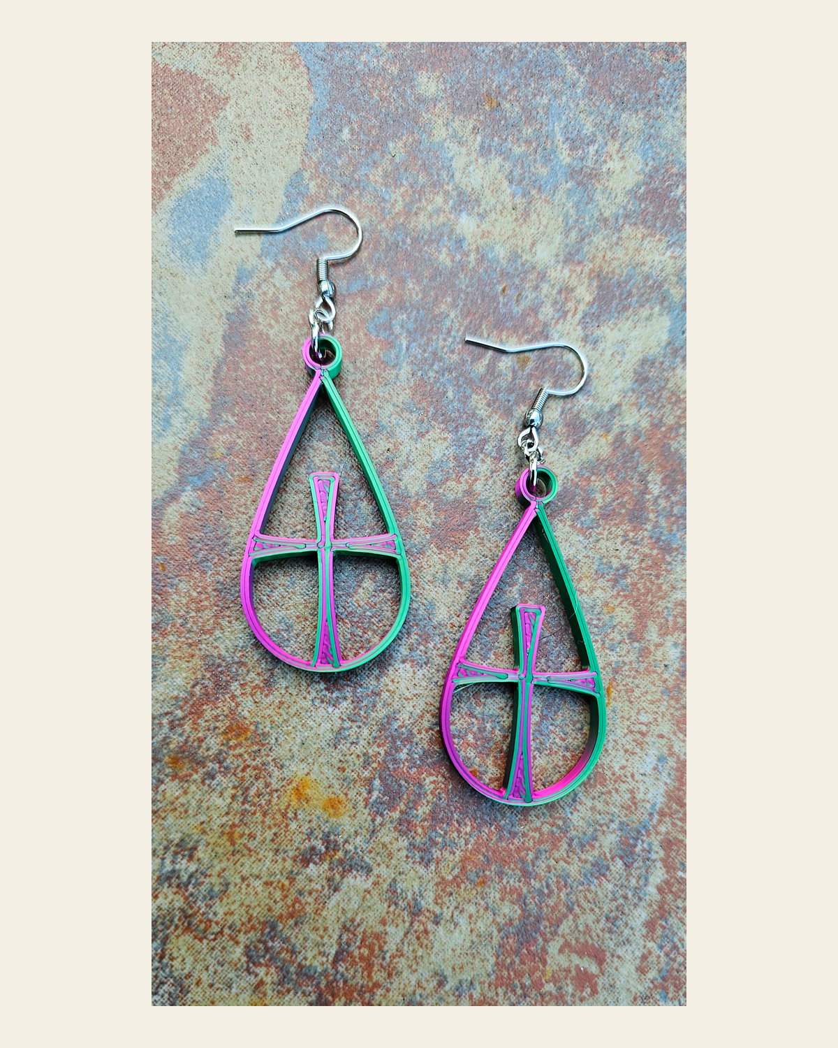 3D Print Christian Cross Faith Earrings Made in America on a warm cream background
