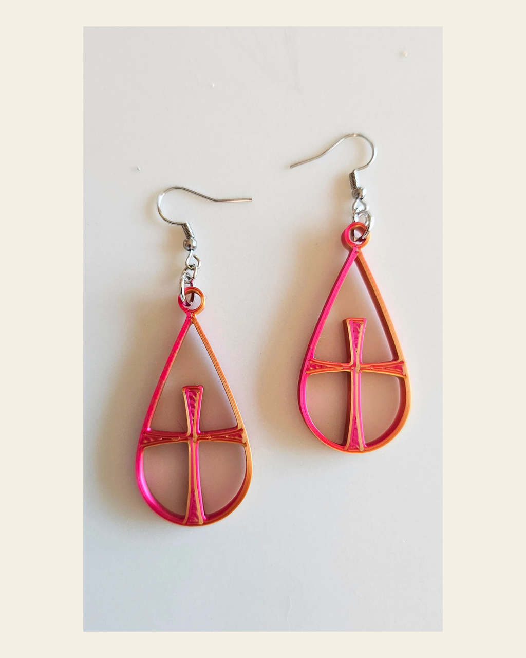 3D Print Christian Cross Faith Earrings Made in America on a warm cream background