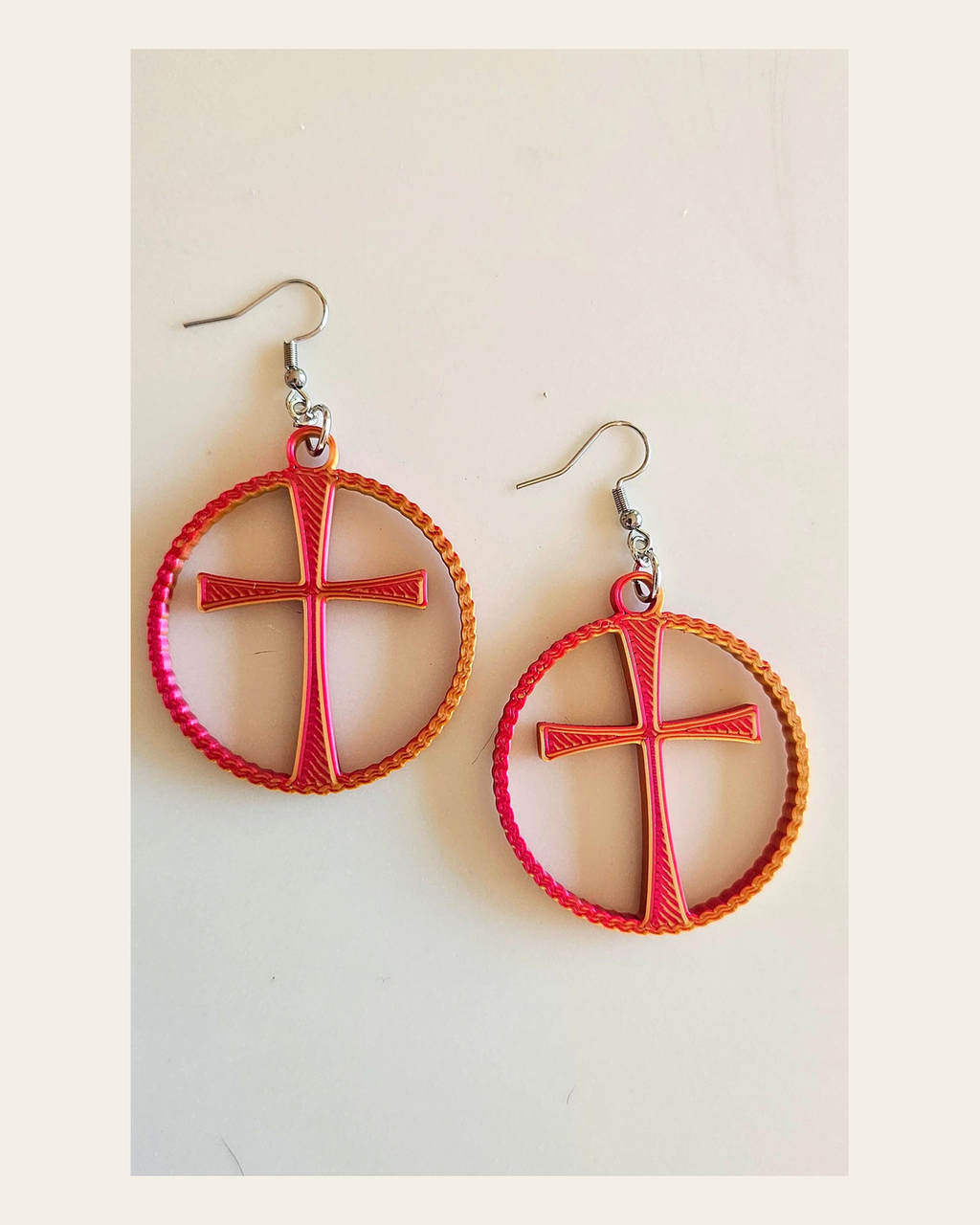 3D Print Christian Cross Faith Earrings Made in America on a warm cream background
