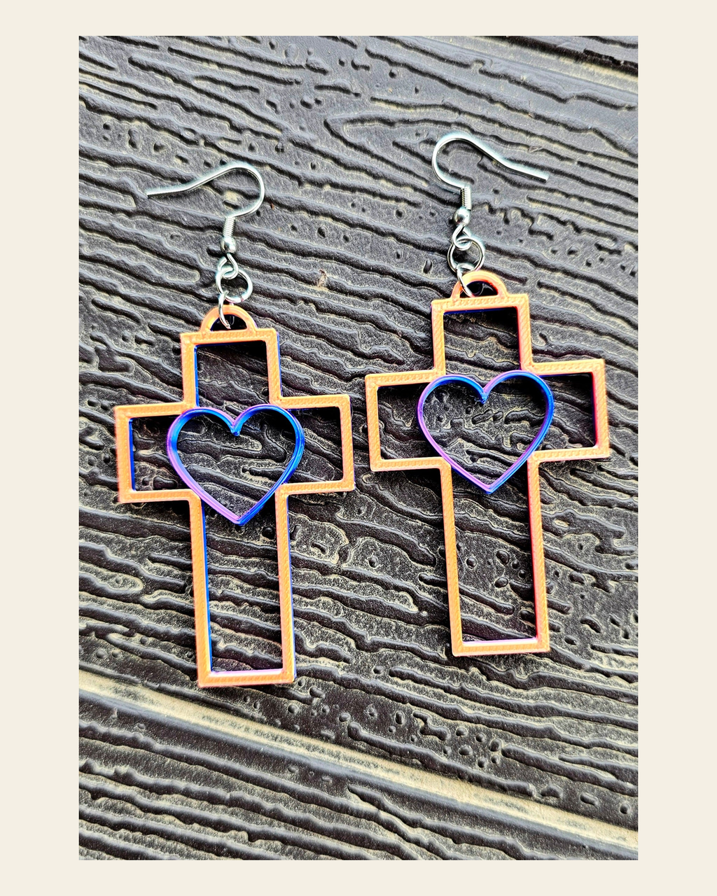 3D Print Christian Cross Faith Earrings Made in America on a warm cream background
