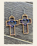 3D Print Christian Cross Faith Earrings Made in America on a warm cream background