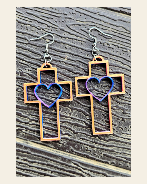3D Print Christian Cross Faith Earrings Made in America on a warm cream background