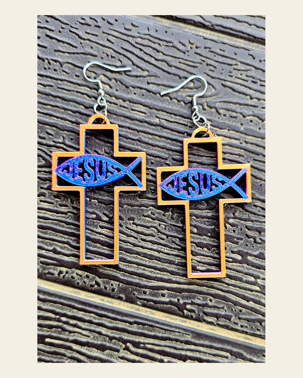 3D Print Christian Cross Faith Earrings Made in America on a warm cream background