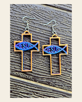 3D Print Christian Cross Faith Earrings Made in America on a warm cream background