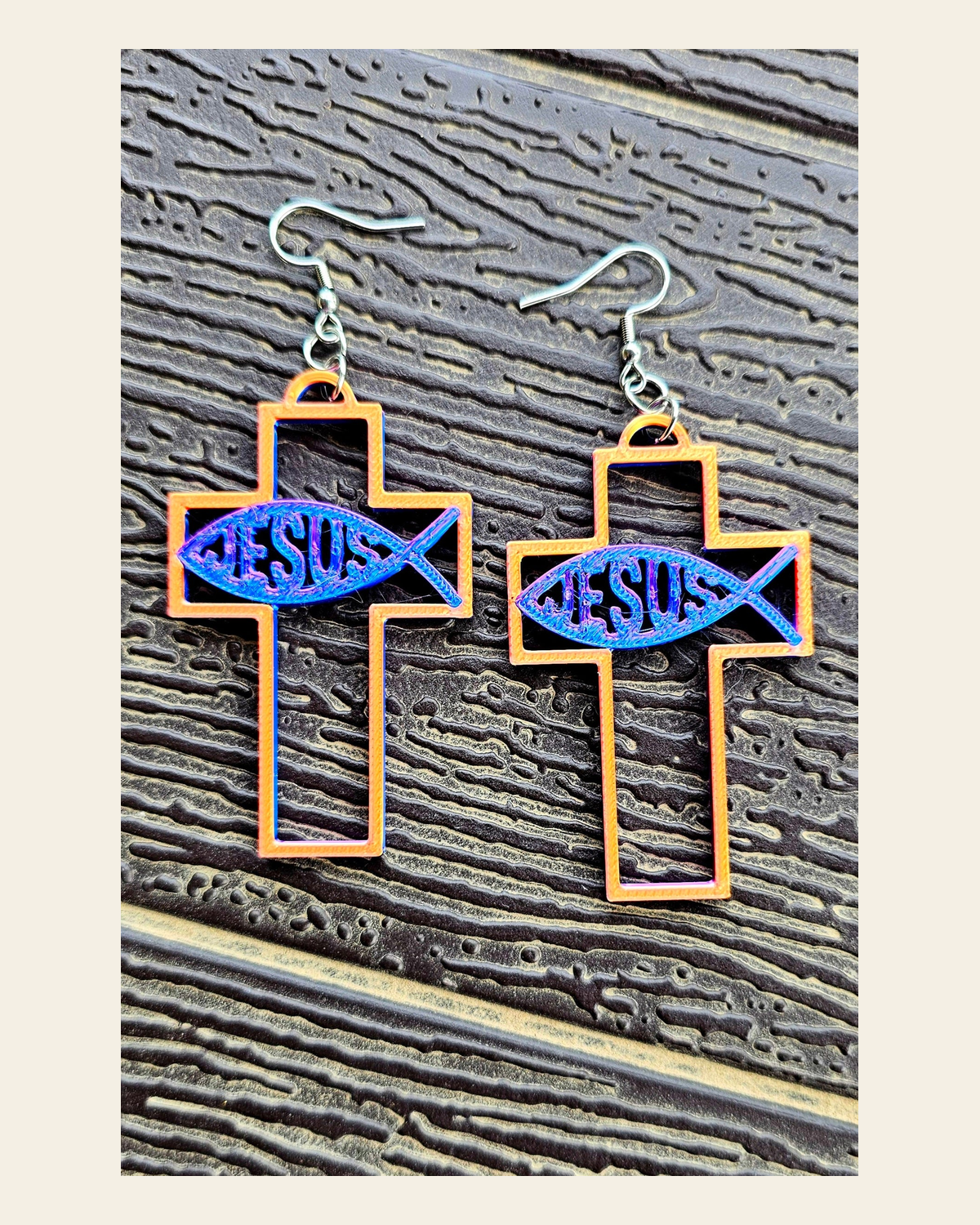 3D Print Christian Cross Faith Earrings Made in America on a warm cream background