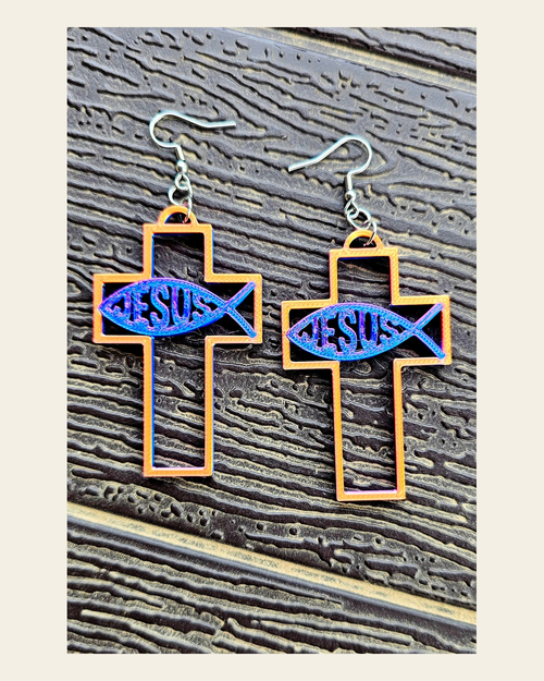 3D Print Christian Cross Faith Earrings Made in America on a warm cream background