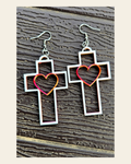 3D Print Christian Cross Faith Earrings Made in America on a warm cream background