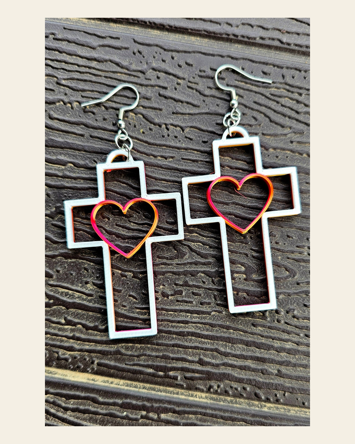 3D Print Christian Cross Faith Earrings Made in America on a warm cream background