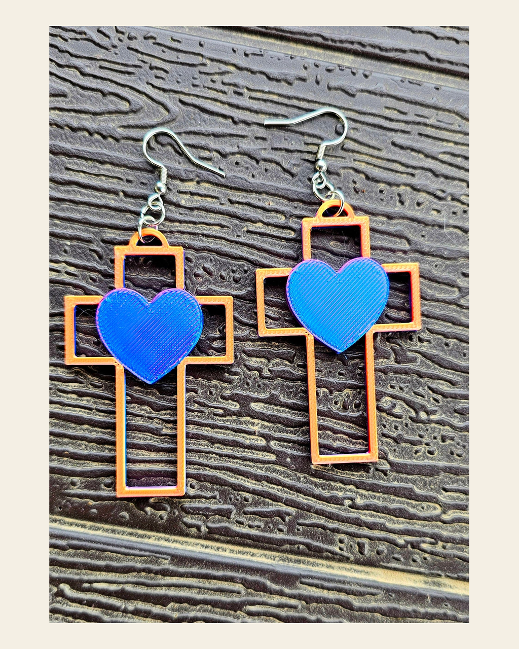 3D Print Christian Cross Faith Earrings Made in America on a warm cream background