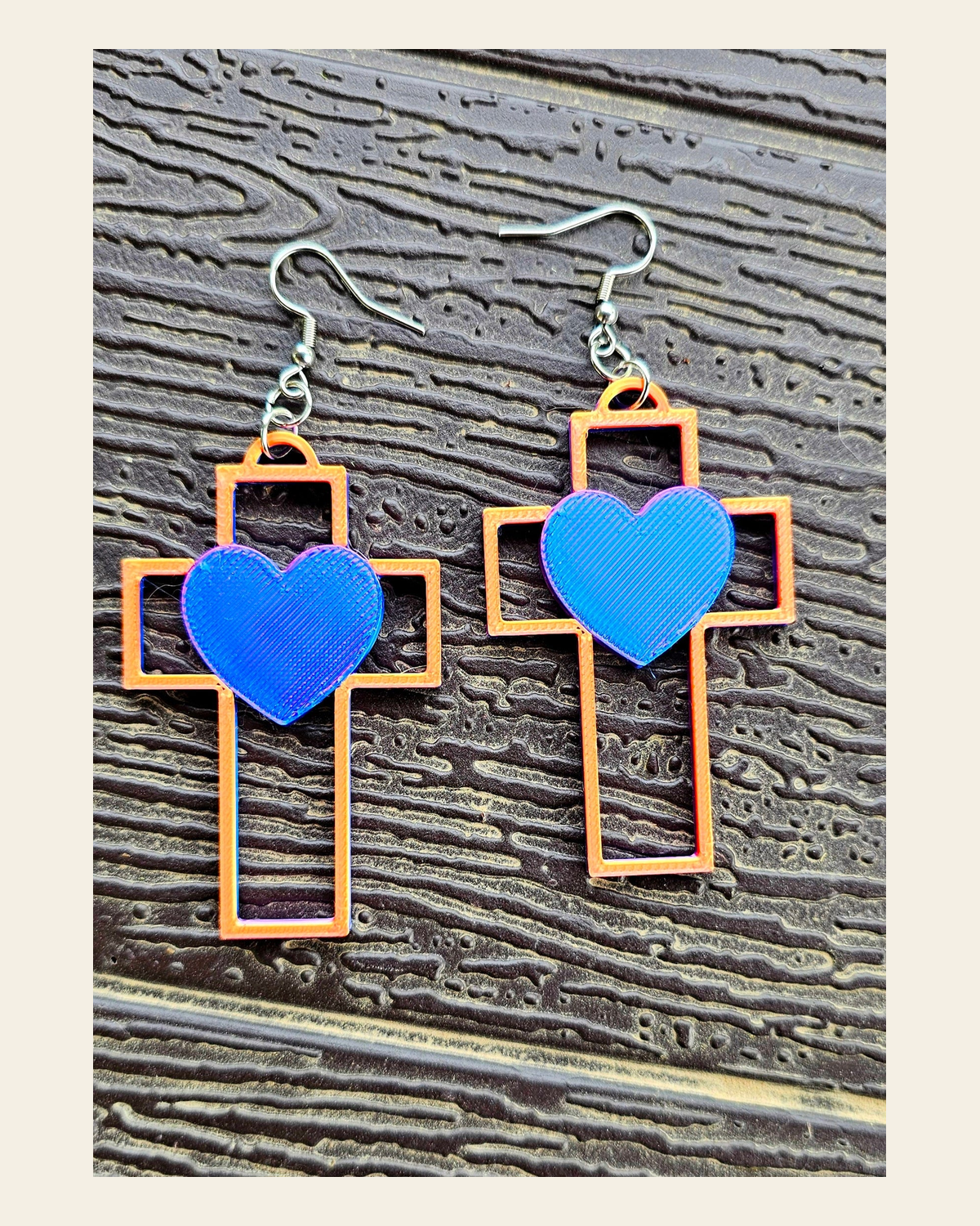 3D Print Christian Cross Faith Earrings Made in America on a warm cream background