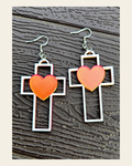 3D Print Christian Cross Faith Earrings Made in America on a warm cream background