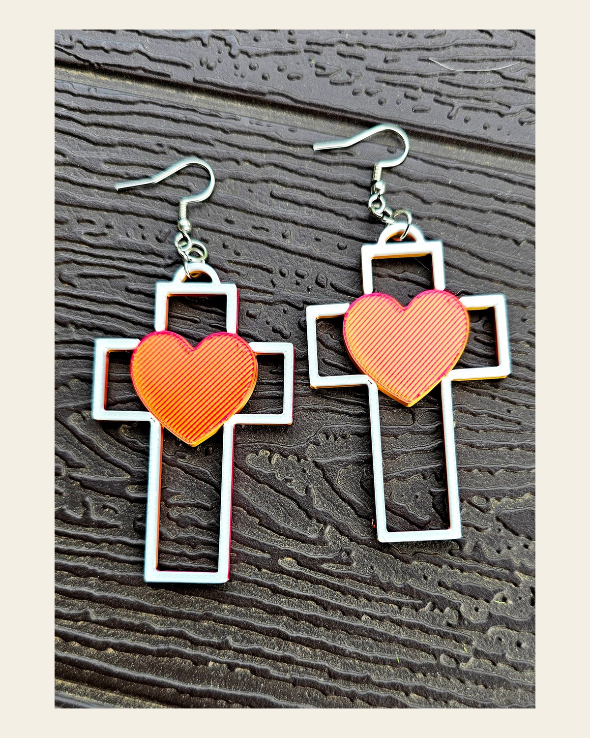 3D Print Christian Cross Faith Earrings Made in America on a warm cream background