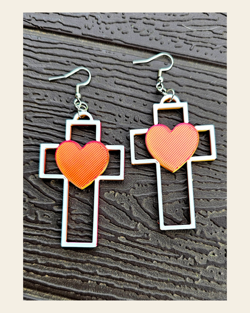 3D Print Christian Cross Faith Earrings Made in America on a warm cream background