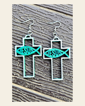 3D Print Christian Cross Faith Earrings Made in America on a warm cream background