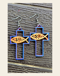 3D Print Christian Cross Faith Earrings Made in America on a warm cream background