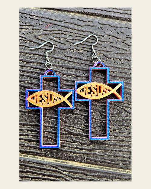 3D Print Christian Cross Faith Earrings Made in America on a warm cream background
