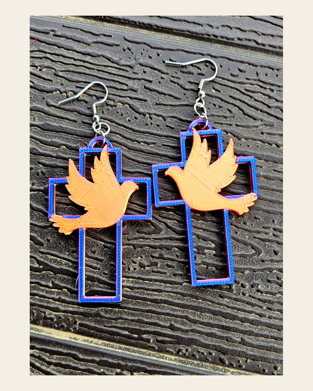 3D Print Christian Cross Faith Earrings Made in America on a warm cream background