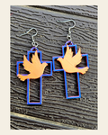 3D Print Christian Cross Faith Earrings Made in America on a warm cream background