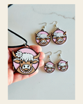 3D Print Cowgirl Highland Cow Picture Necklace or Earrings Western Made in America on a warm cream background