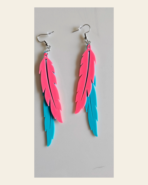 3D Print Double Feather Boho Earrings Made in America on a warm cream background