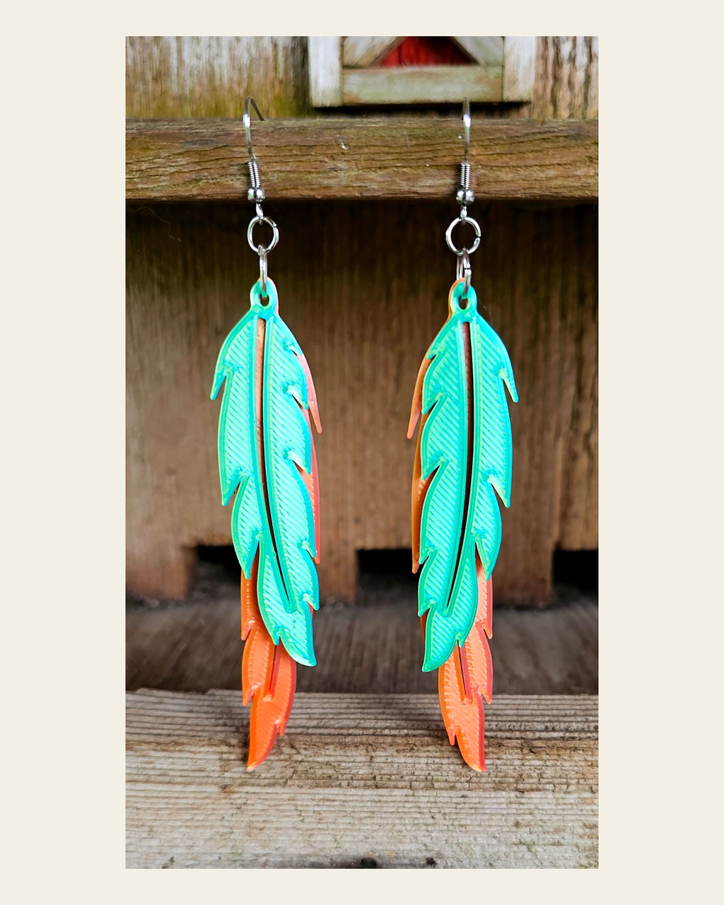 3D Print Double Feather Boho Earrings Made in America on a warm cream background
