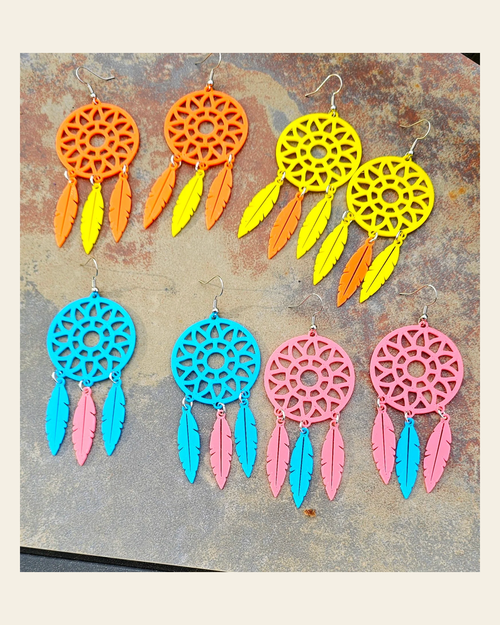 3D Print Dreamcatcher Boho Earrings Choice of Colors Made in America on a warm cream background