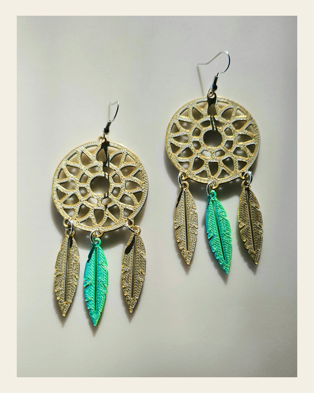 3D Print Dreamcatcher Boho Earrings Made in America on a warm cream background