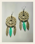 3D Print Dreamcatcher Boho Earrings Made in America on a warm cream background