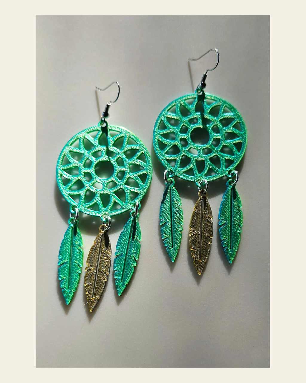 3D Print Dreamcatcher Boho Earrings Made in America on a warm cream background