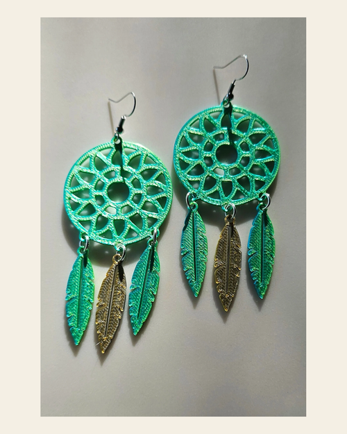 3D Print Dreamcatcher Boho Earrings Made in America on a warm cream background