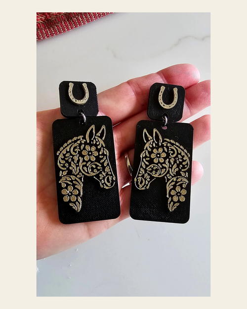 3D Print Horse Equestrian Western Earrings Made in America choice of colors on a warm cream background