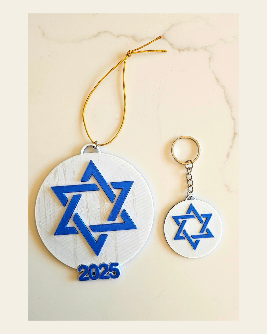 3D Print Israel Flag Star of David Ornament or Keychain on a warm cream background