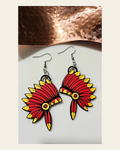 3D Print Kansas City Indian Headdress Chiefs Earrings Made in America on a warm cream background