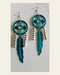 3D print Lightweight Green New Mexico Zia Feather Dream Catcher Earrings Made in America on a warm cream background