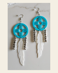 3D print Lightweight Turquoise New Mexico Zia Feather Dream Catcher Earrings Made in America on a warm cream background
