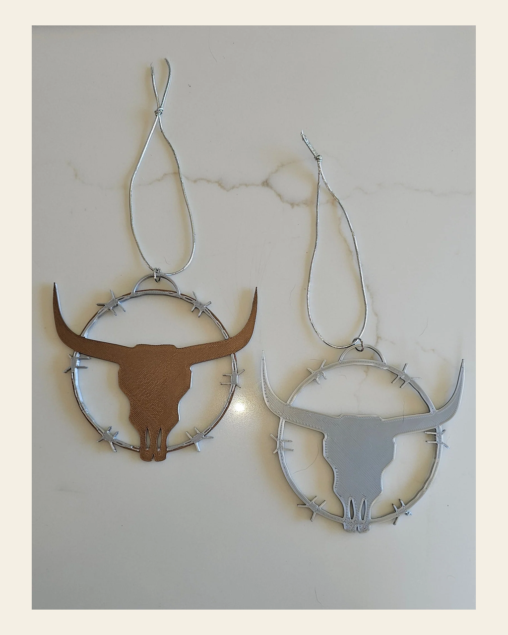 3D Print Longhorn Texas Ranch Western Barbwire Christmas Ornaments Made in America on a warm cream background